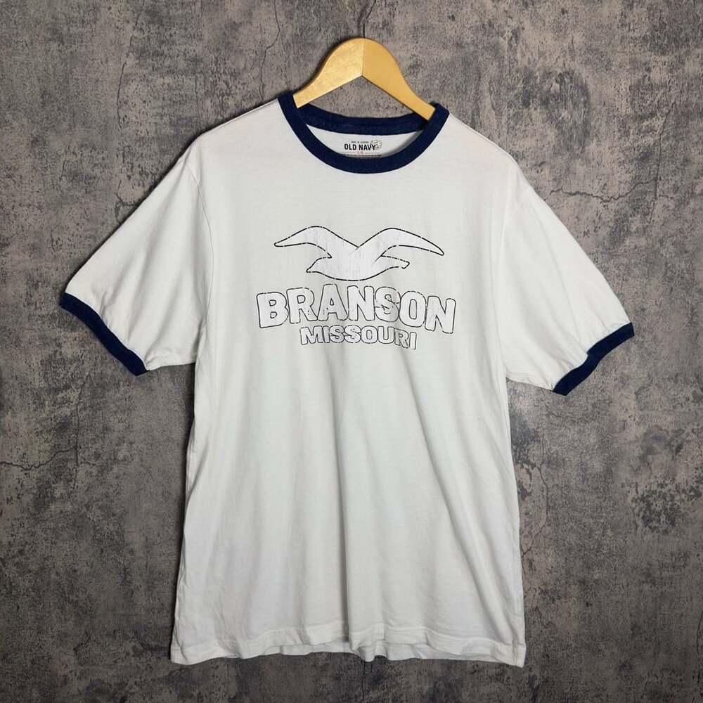 Branson Missouri Souvenir Ringer T-Shirt White Blue Size L